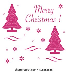 Cute vector illustration of stitched Christmas tree decorated with snow and snowflakes. Card for winter holidays. Template for design, greeting card, invitation.
