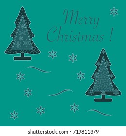 Cute vector illustration of stitched Christmas tree decorated with snow and snowflakes. Card for winter holidays. Template for design, greeting card, invitation.