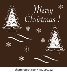 Cute vector illustration of stitched Christmas tree decorated with snow and snowflakes. Card for winter holidays. Template for design, greeting card, invitation.