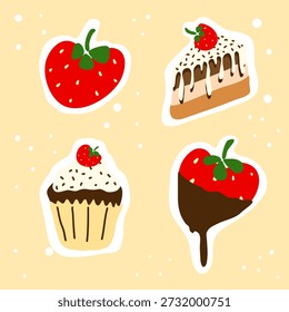 Linda Ilustración vectorial con fresas y postres: pastel, cupcake y fresa cubierta de chocolate. Estilo de dibujos animados brillante, tema dulce, perfecto para el embalaje, menús y diseño.
