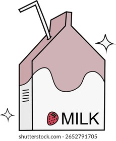 Ilustração vetorial bonito de uma caixa de leite de morango com uma caixa de leite rosa e branca apresenta um ícone de morango estilizado e um palha badalado