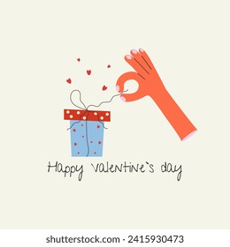 Cute vector illustration in the style of a naive hand drawing for Valentine's day. The hand unties the bow on the gift box.Holiday design postcard, cover, print, sticker.