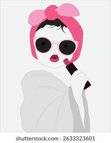 Ilustração vetorial bonito de uma menina elegante com óculos de sol, headwrap rosa, e batom, posando com confiança em um estilo glam e moda brincalhão.