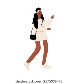 Cute vector illustration of a stylish woman walking alone. A woman in a cream sweater and short skirt carries a small black purse. Fashionable urban walking scene in a park setting.
