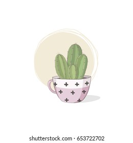 Cute vector illustration of a succulent. A small cactus in the pink teacup with scandinavian pattern. A funny picture for fans of succulents; for greeting cards; T-shirts; etc.