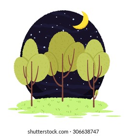 Cute vector illustration with summer or spring trees at night, small forest. Childish stile wood for greeting cards, books, magazine decoration.