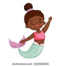A cute vector illustration of a sweet African American mermaid with dark skin and a bun hairstyle wearing a pink top and mint green tail perfect for childrens designs and representation