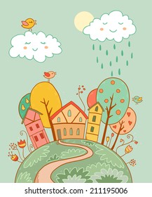 Cute vector illustration with sweet autumn home, sun,trees, flowers and clouds