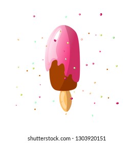 Cute vector illustration of sweet chocolate ice cream sundae with strawberry or cherry glaze. Fruit glaze on dark chocolate ice cream on stick with sprinkles. Chocolate Ice cream vector illustration