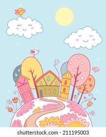 Cute vector illustration with sweet spring home, sun,trees, flowers and clouds