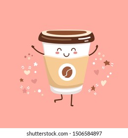 Cute vector illustration of a take away paper coffee cup with doodle hearts, stars, and dots. Smiling kawaii character of hot beverage on bright pink background. Card, poster, print design.