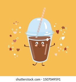 Cute vector illustration of a take away cup of coffee with plastic cover and straw. Happy kawaii character with smiling face, hearts, dots and star on yellow background. Card, poster, print design