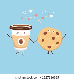 Cute vector illustration of a take away coffee cup and a chocolate cookie. Kawaii food characters. Smiling hot beverage and tasty snack. Card, poster, print design for cafe, restaurant, cafeteria.
