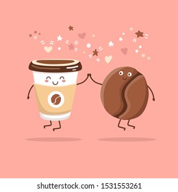 Ilustración vectorial de una taza de extracción y un grano de café. Felices personajes de comida kawaii saltando y dando cinco. Diseño para cafetería, tarjeta, afiche, impresión, restaurante o cafetería.