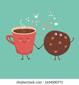 Cute vector illustration of a take away coffee cup and a chocolate cookie. Kawaii food characters. Smiling hot beverage and tasty snack. 