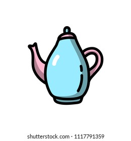 Cute vector illustration of a teapot in blue and pink pastel colors on white background in cartoon doodle style