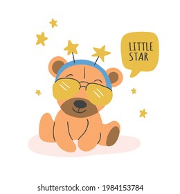 Cute vector illustration of the teddy bear wearing eye glasses, stars isolated on white. Cute bear vignette illustration. Kids party