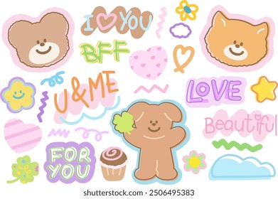 Cute vector illustration of teddy bear, cat, clover leaf, puppy, star, flower, heart, cupcake for animals, cartoon character, cute patches, standee, shirt print, kid doll, plush toy, sweet dessert