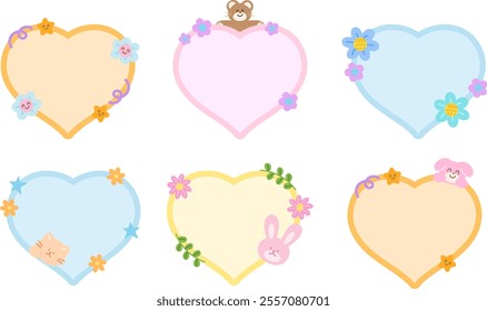 Cute vector illustration of teddy bear, cat, bunny, puppy, flowers with heart shaped blank space for name tag, text bubble, sticker, animal print, memo note, sticky note, notepads, paper design, zoo