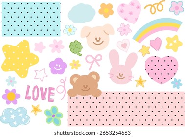 Ilustração vetor bonito de ursinho de pelúcia, arco-íris, cachorrinho, coelho, flor, estrela, nuvem, bolinha padrão de pontos para animais, personagem de desenho animado, manchas bonitas, boneca infantil, brinquedo de pelúcia, sobremesa doce, cômico, broche