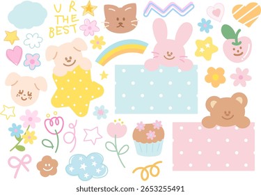 Ilustração vetor bonito de ursinho de pelúcia, arco-íris, cachorrinho, coelho, flor, gato, cereja, bolinha padrão de pontos para animais, personagem de desenho animado, manchas bonitas, boneca infantil, brinquedo de pelúcia, sobremesa doce, cômico, broche