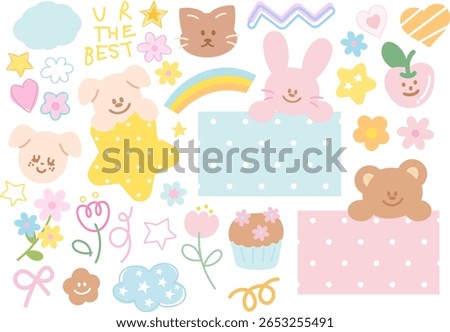 Cute vector illustration of teddy bear, rainbow, puppy, bunny, flower, cat, cherry, polka dot pattern for animals, cartoon character, cute patches, kid doll, plush toy, sweet dessert, comic, brooch