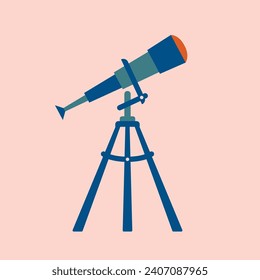 Cute vector illustration with telescope. Clip art about summer adventures. For sticker, card, banner, icon, badge. Device, equipment for discovering, exploration, learning stars, planets, sky.