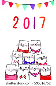 Cute vector illustration template of cat singing in new year.Doodle cartoon style.