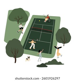 Cute vector illustration of a tennis court in a park with people playing, walking, and enjoying nature. Greenery, sports, and an active lifestyle setting. Flat vector illustration.