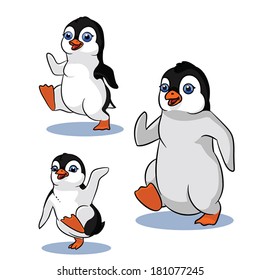 Cute vector illustration of three adorable penguin kids waving at you. 