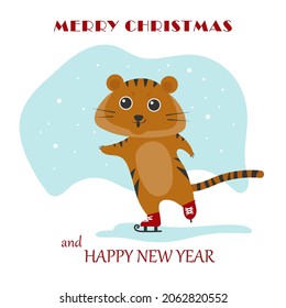 Cute Vektorgrafik mit einem Tiger, Symbol des chinesischen Zodiaks. Eiskunstlauf durch den Tiger. Winterstimmung, Grußkartengrafik.