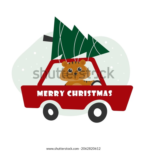 Cute vector\
illustration with a tiger, symbol of chinese zodiac. Cute tiger\
driving a car with christmas\
tree.