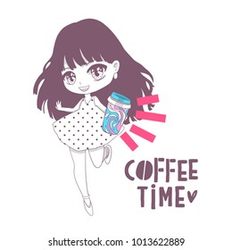 Cute vector illustration. Time coffee. Manga style. Kawaii Anime girl. Big eyes. Use for postcards, print on clothes or other things. anner decorations.