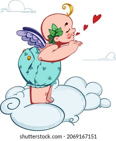 Cute vector illustration of toddler Cupid blowing a kiss. God of Love in the clouds. Bright character for postcards, poster, confessions, stickers, invitations.