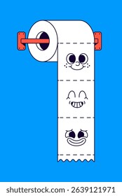 Cute vector illustration of a toilet paper roll featuring three fun cartoon faces. Great for humor, hygiene, and kids' design themes