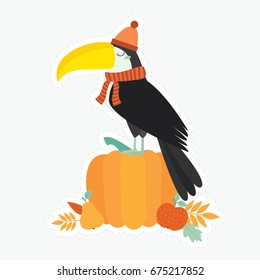 Cute vector illustration with toucan and pumpkin. Autumn. Fall. 