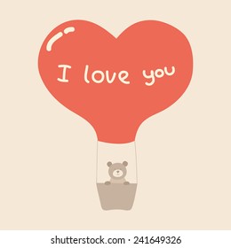 Cute vector illustration. Toy teddy bear on the balloon-heart. Can be used for Valentines postcard, celebration postcard, invitation, scrapbooking.