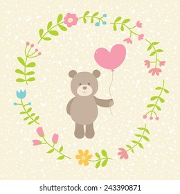 Cute vector illustration. Toy teddy bear with heart. Can be used for Valentines postcard, celebration postcard, invitation, scrapbooking.
