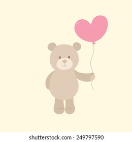 Cute vector illustration. Toy teddy bear with pink heart. Can be used for Valentines postcard, celebration postcard, invitation, scrapbooking.