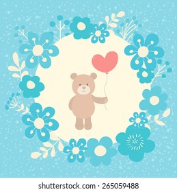 Cute vector illustration. Toy teddy bear with heart. Can be used for Valentines postcard, celebration postcard, invitation, scrapbooking.