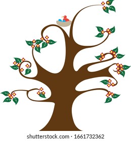 Cute vector illustration of a tree with curvy branches, red flowers and a nest on the top.