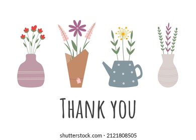 Cute vector illustration with trendy spring flowers and bouquets in vases. Thank you card. Illustration for floristic cards, gift tags, invitation.