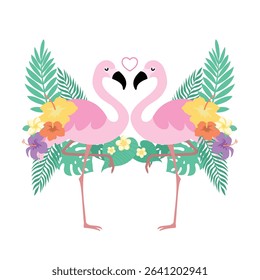 A cute vector illustration of a tropical flamingo couple surrounded by exotic flowers and palm leaves. Perfect for summer invitations, greeting cards, posters, and tropical-themed designs.