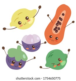 Cute Vektorgrafik mit tropischen Früchtezeichen. Kawaii-Essenselemente mit lustigen lächelnden Gesichtern einzeln auf weißem Hintergrund. Doodle Stil Gesunde vegetarische süße Behandlungen. Dekoration der Kindermenüs 