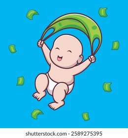 A cute vector illustration of a "Tuyul," a mythical small creature from Southeast Asian folklore, often depicted as a mischievous child-like goblin. Tuyul is playing parachuting using money.