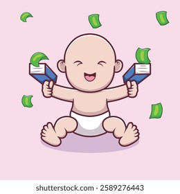 A cute vector illustration of a "Tuyul," a mythical small creature from Southeast Asian folklore, often depicted as a mischievous child-like goblin. Tuyul is very happy playing with money.