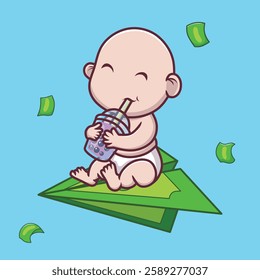 A cute vector illustration of a "Tuyul," a mythical small creature from Southeast Asian folklore, often depicted as a mischievous child-like goblin. Tuyul relaxing on a money plane.