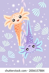 Cute vector illustration of two axolotls on the seaweed.
