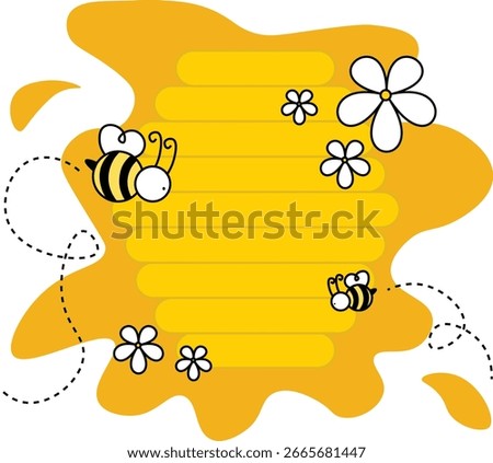Cute vector illustration of two cartoon bees flying around honey and flowers with a yellow honeycomb background.