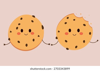 Cute vector illustration of two chocolate chip cookies holding hands.